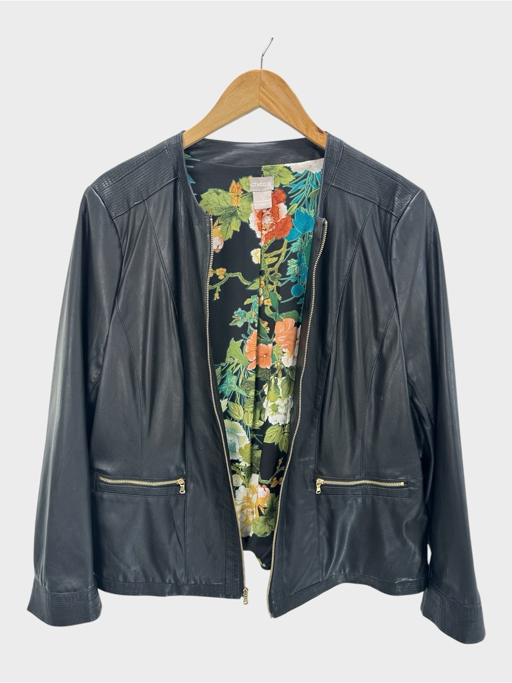 Chico's Black Faux Leather Zip Jacket Floral Lined Gold Hardware Collarless Moto